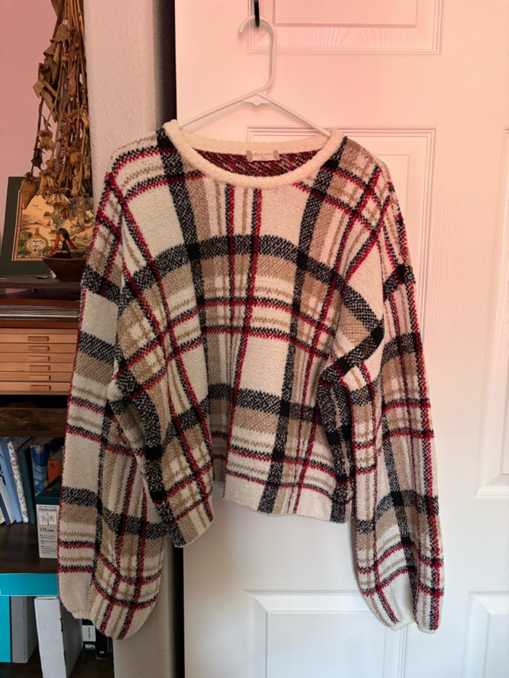 Altar'd State Cream Plaid Crewneck Sweater with Red and Black Accents